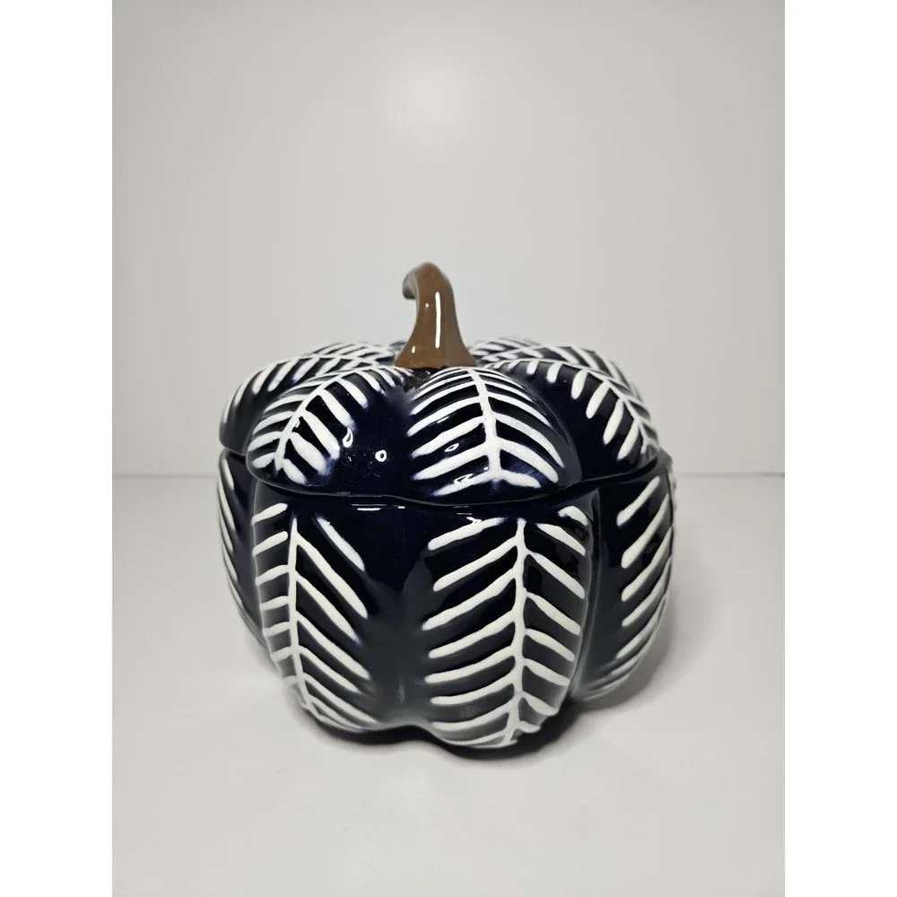 Blue White Ceramic Pumpkin Lidded Candy Dish Jar Thanksgiving Fall Decor 7in